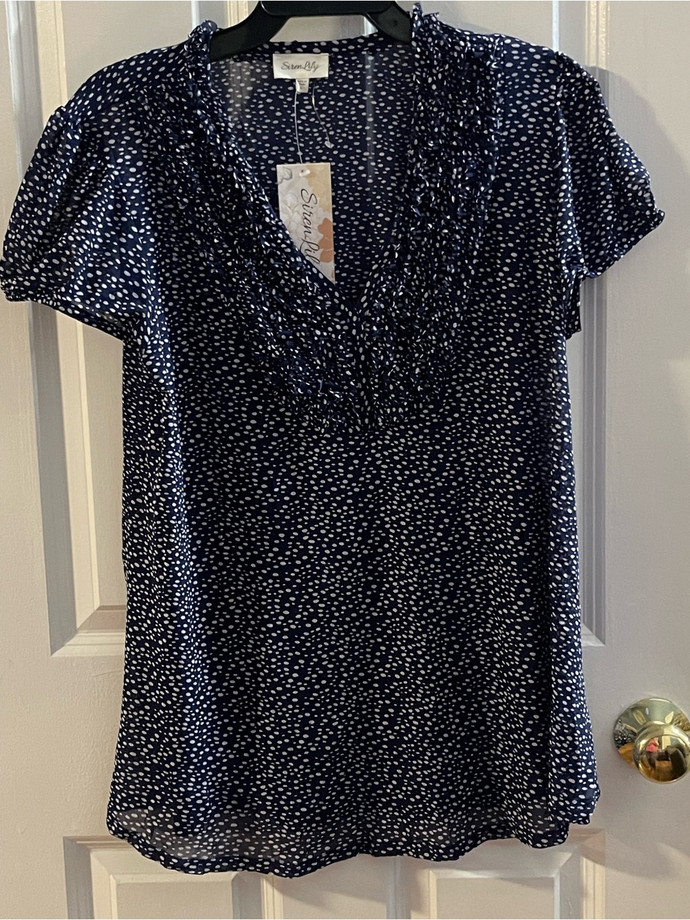 Siren Lily Navy Blue & White Polka Dot Ruffle V-Neck Blouse